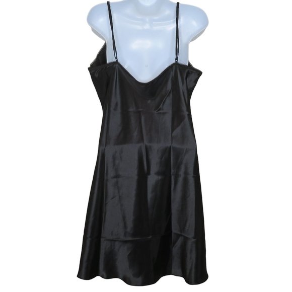 Vintage Shirley of Hollywood Knee Length Satin Slip Nightgown L Black Embroidery - Picture 11 of 12